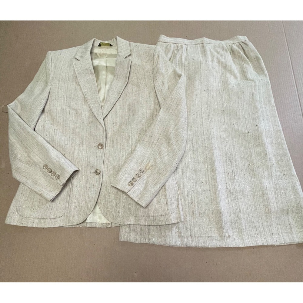 Vintage Martin Bayer Sz 10 Brittons 100% Raw China Silk Skirt Suit Set Cream 2PC